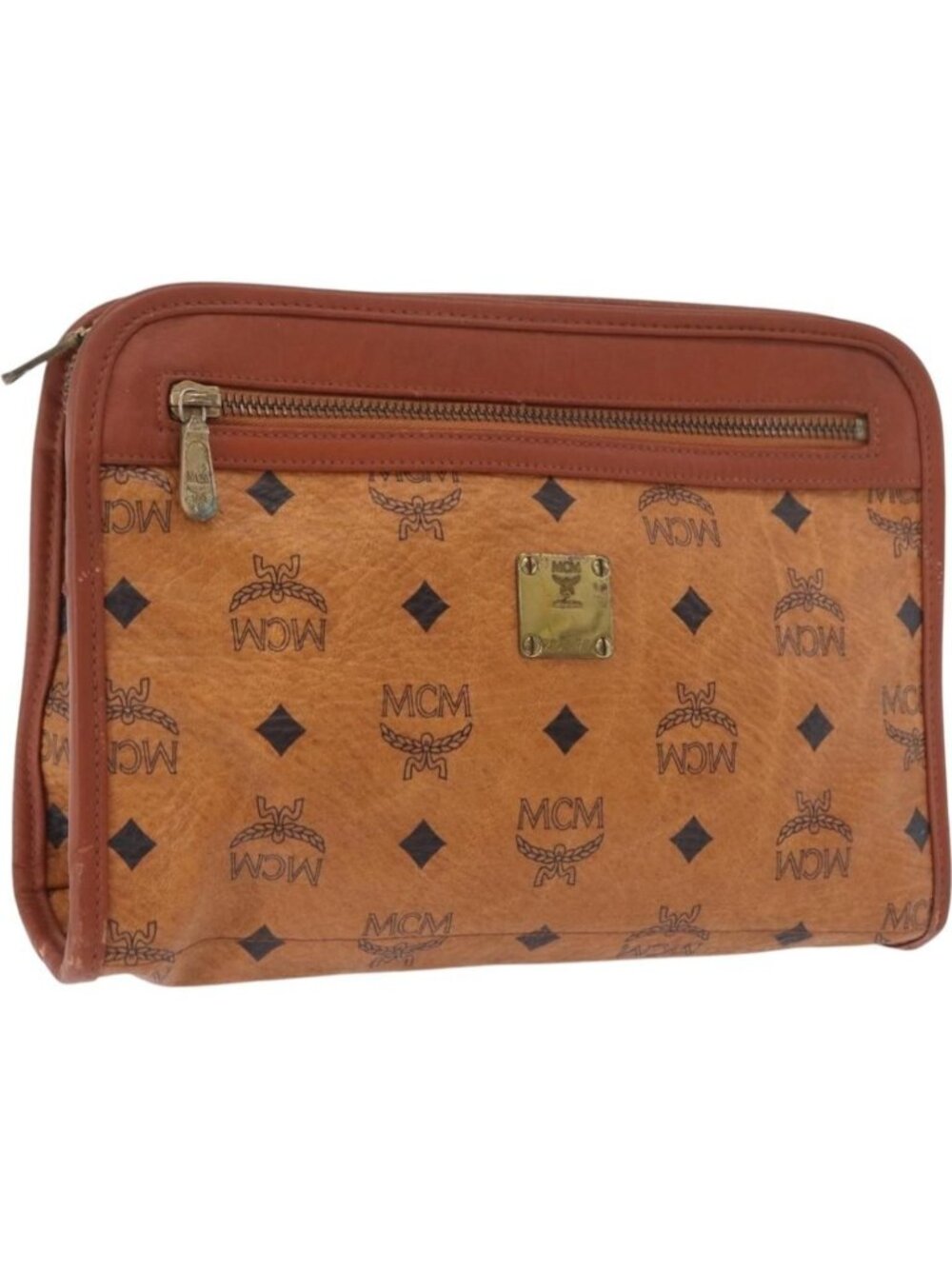 MCM Logogram Vicetos Clutch Bag PVC Leather Brown Gold